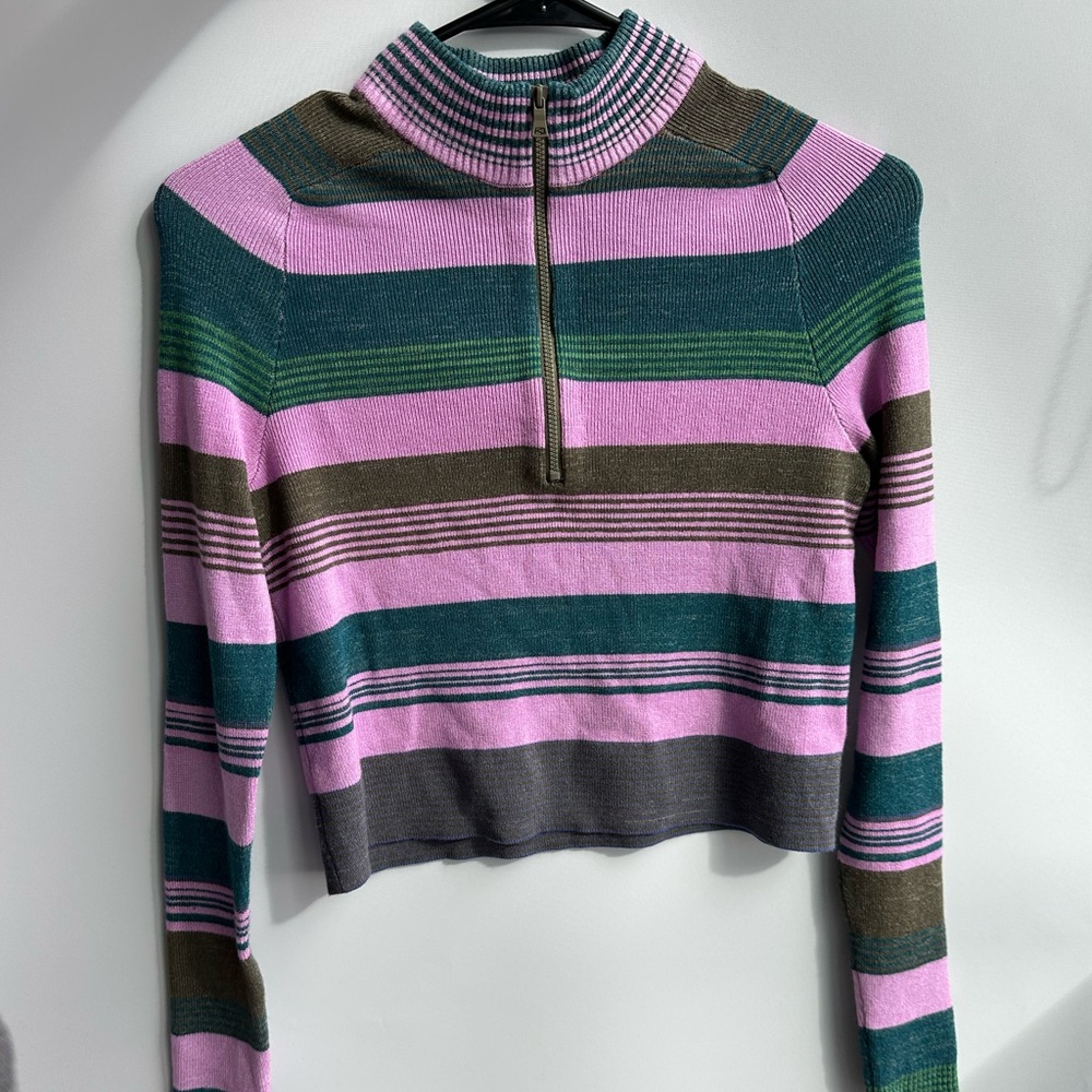 Free people Striped Pink Purple and Green half zipper Women's Sweater cropped